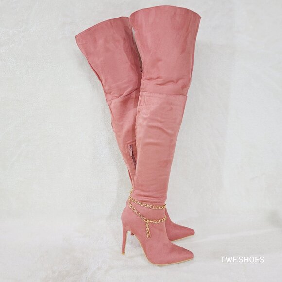 Bad Girlz Dusty Rose Blush Pink Faux Suede Wide Top Thigh High Boots Chain - Picture 3 of 14
